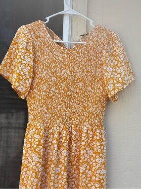 Yellow Floral Smocked Midi Dress
